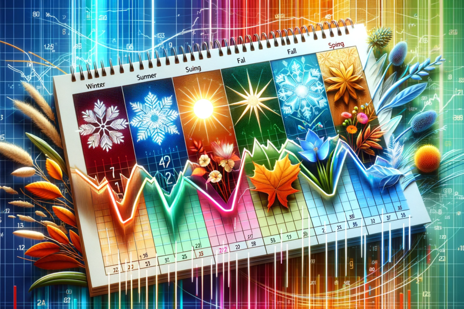 a calendar with overlaid stock market trend lines, highlighting the ups and downs associated with different months or seasons. Each season is symbolized by an icon: a snowflake for winter, a sun for summer, leaves for fall, and flowers for spring.